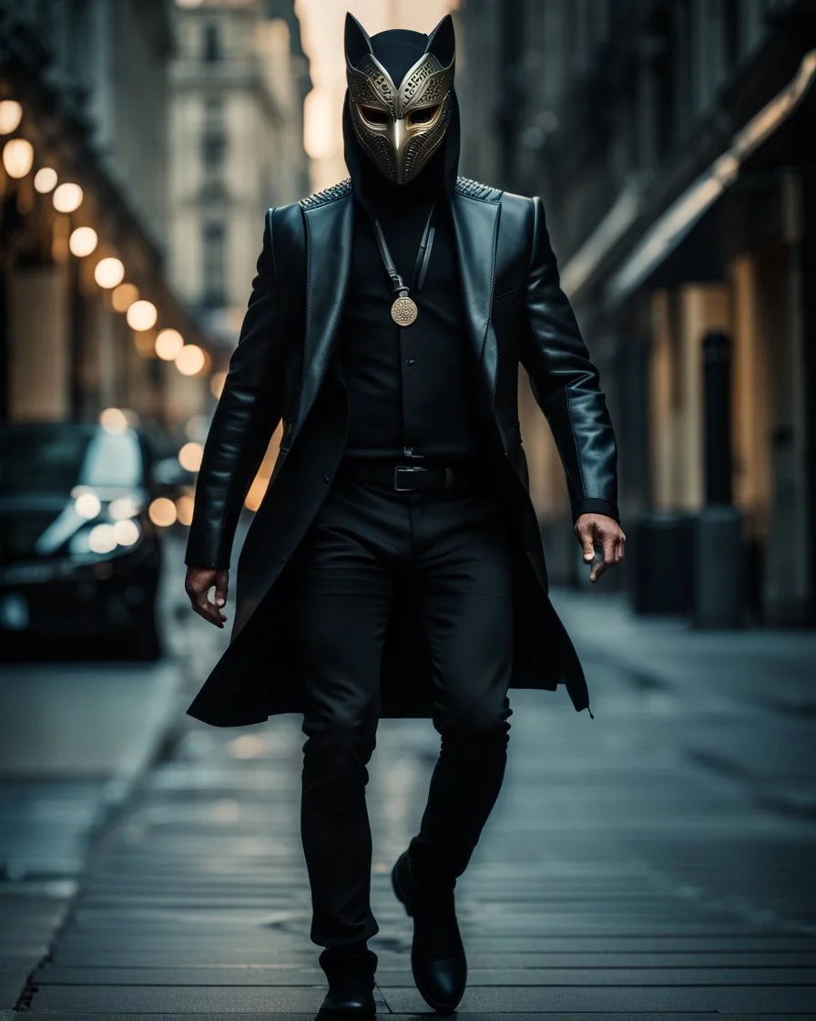 full body portrait of the catman with stylized mask on his eyes and forehead.conceptual art, hyper detailed, ultra quality, 12k walking in the city