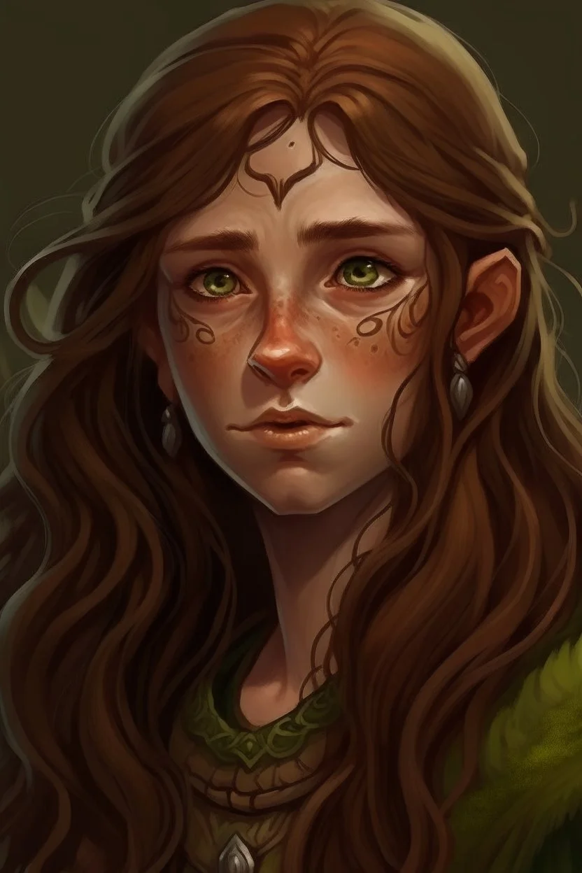 Gnom, braune lange wilde Haare, große, auffällig dicker Nase, grüne Augen, sehr jung (etwa zwanzig Jahre) , Druide, gebräunte Haut, Zeichen im Gesicht, kein Bart