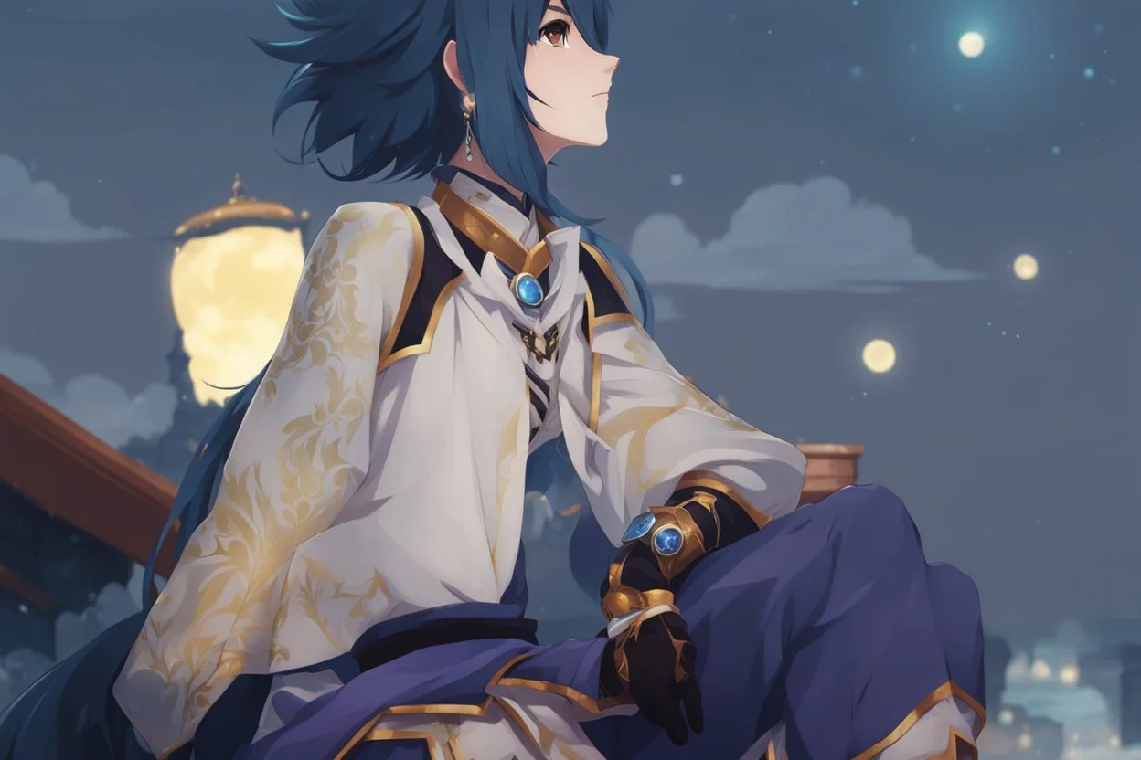 Xiao from Genshin Impact, highly detailed, intricate background, sitting on rooftop, contemplative