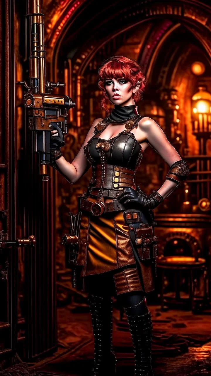 Full Body Photo Of A Steampunk Burlesque Woman With Straight Hair And A Fringe Hairstyle, Holding A Laser Gun, Sci-Fi Steampunk Background