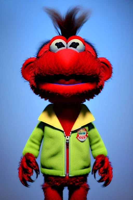 Waist up muppet Portrait, Nicolas maduro muppet doll, tracksuit red blue and yellow, mustache, photo studio, red background, unreal engine 5, concept art, art station, ray tracing, lumen lighting, ultra detail, volumetric lighting, 3d.