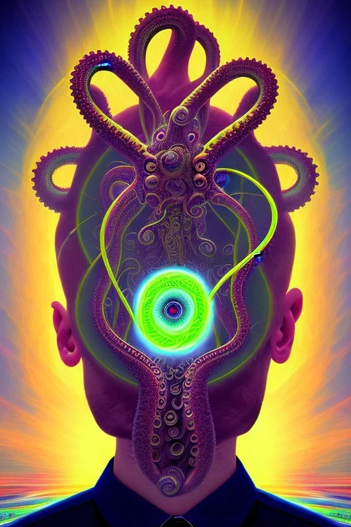 Spiritual being with Tentacles over human Head creating reality around, wrapping Spiral around Human, Psychedelic