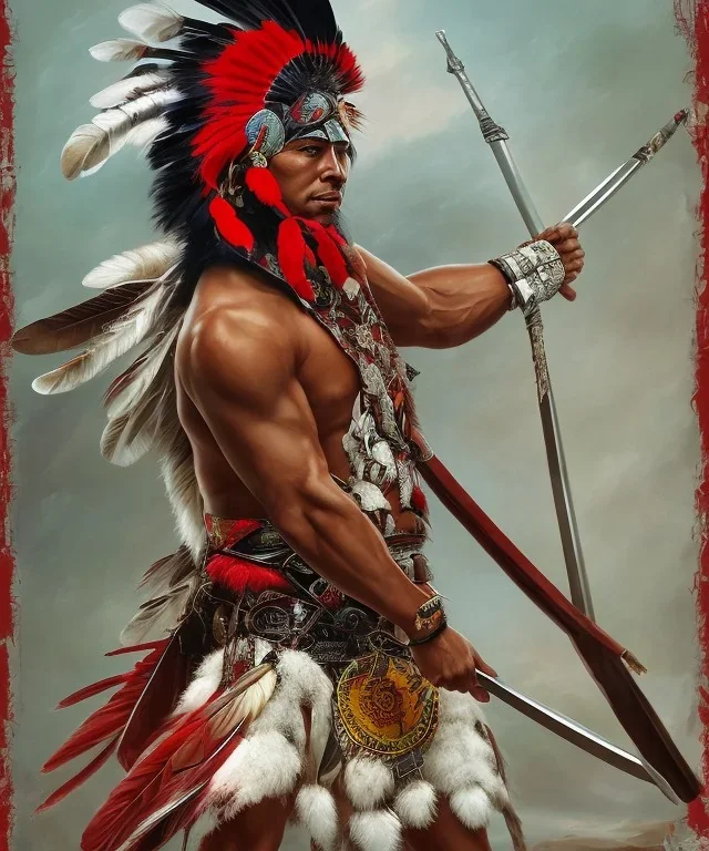 Guaicaipuro, native american, 30 years old, Muscular warrior, red feathers headdress, heroic pose holding spear