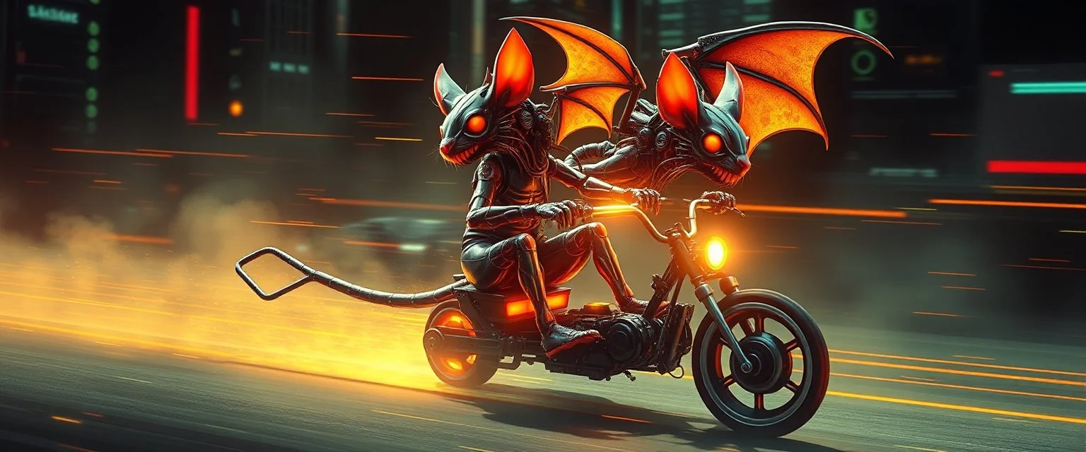 cyberpunk imagery synchronized mechanical gremlin rat bat drumming trike flickering stable core