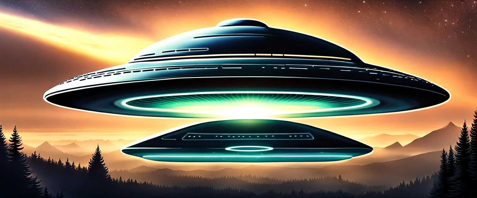 A highly realistic and detailed depiction of a UFO, incorporating common descriptions from real sighting reports. The UFO is disk-shaped with a central spherical cockpit, resembling the classic flying saucer. It emits a soft glow and is surrounded by a mysterious aura. The background depicts a night sky, subtly highlighting the UFO's metallic and reflective surface. This image captures the enigmatic and otherworldly nature of UFO sightings, blending elements of the iconic Roswell incident and mo