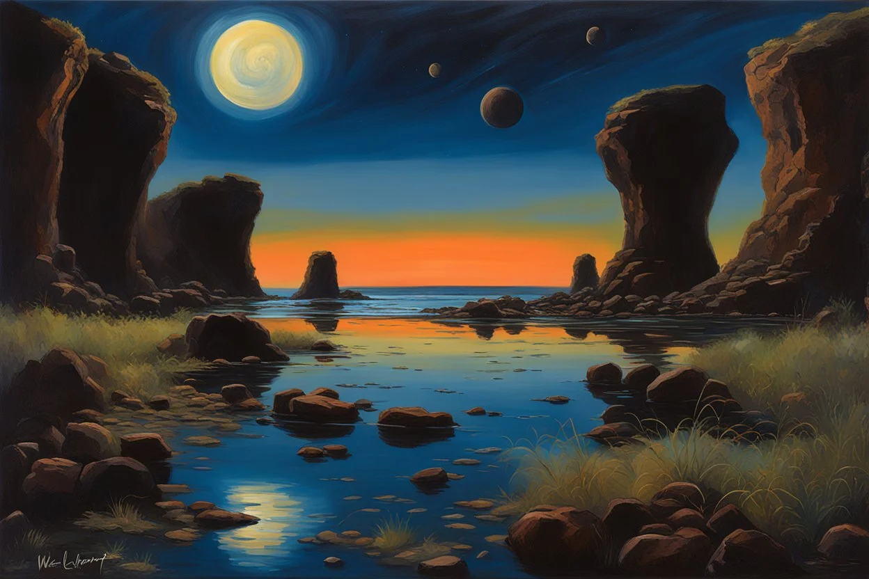 Dark blue sky with one exoplanet in the horizon, rocks, cliffs, puddle, weeds, sci-fi movies influence, epic, ernest welvaert and charles leickert impressionism paintings