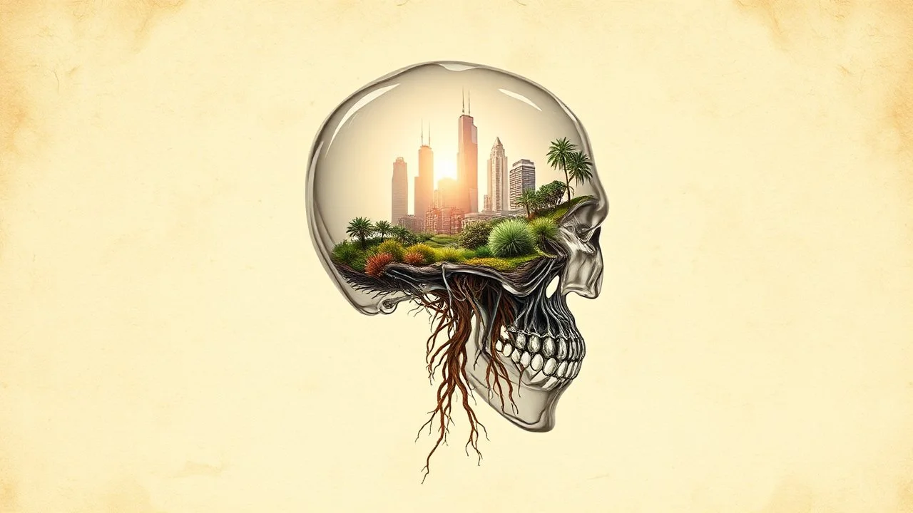 old worn paper, plain contrast background, crystal transparent Skull with city and plants inside, roots, backlight inside, 8K, high detail, hyperrealism, high resolution, bright colors, ART illustration