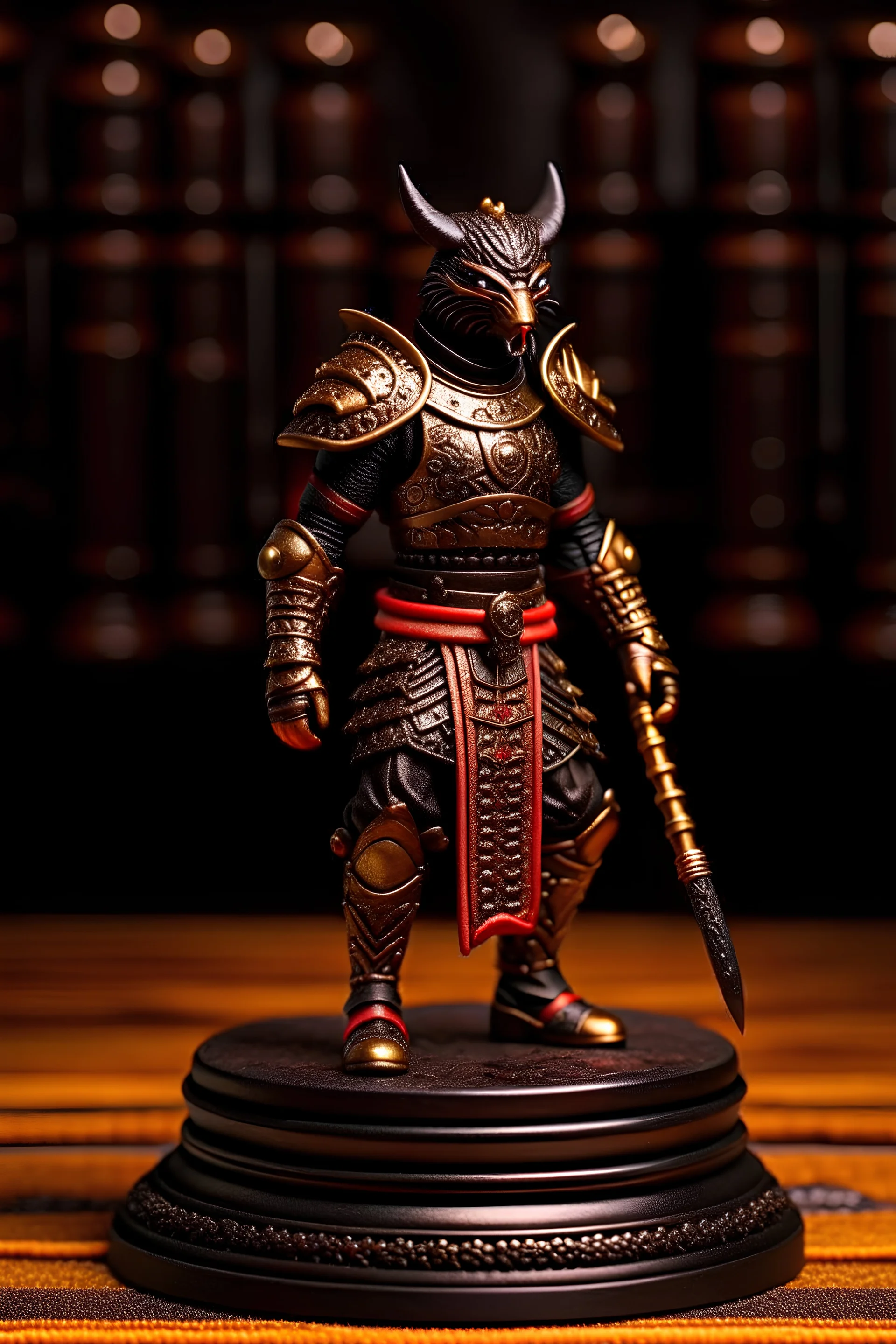tabletop role-playing miniature of a minoan samurai-sith-lord wearing an black biomechanoid aegean bronze-age leather armor. full body. concept art hyperrealism