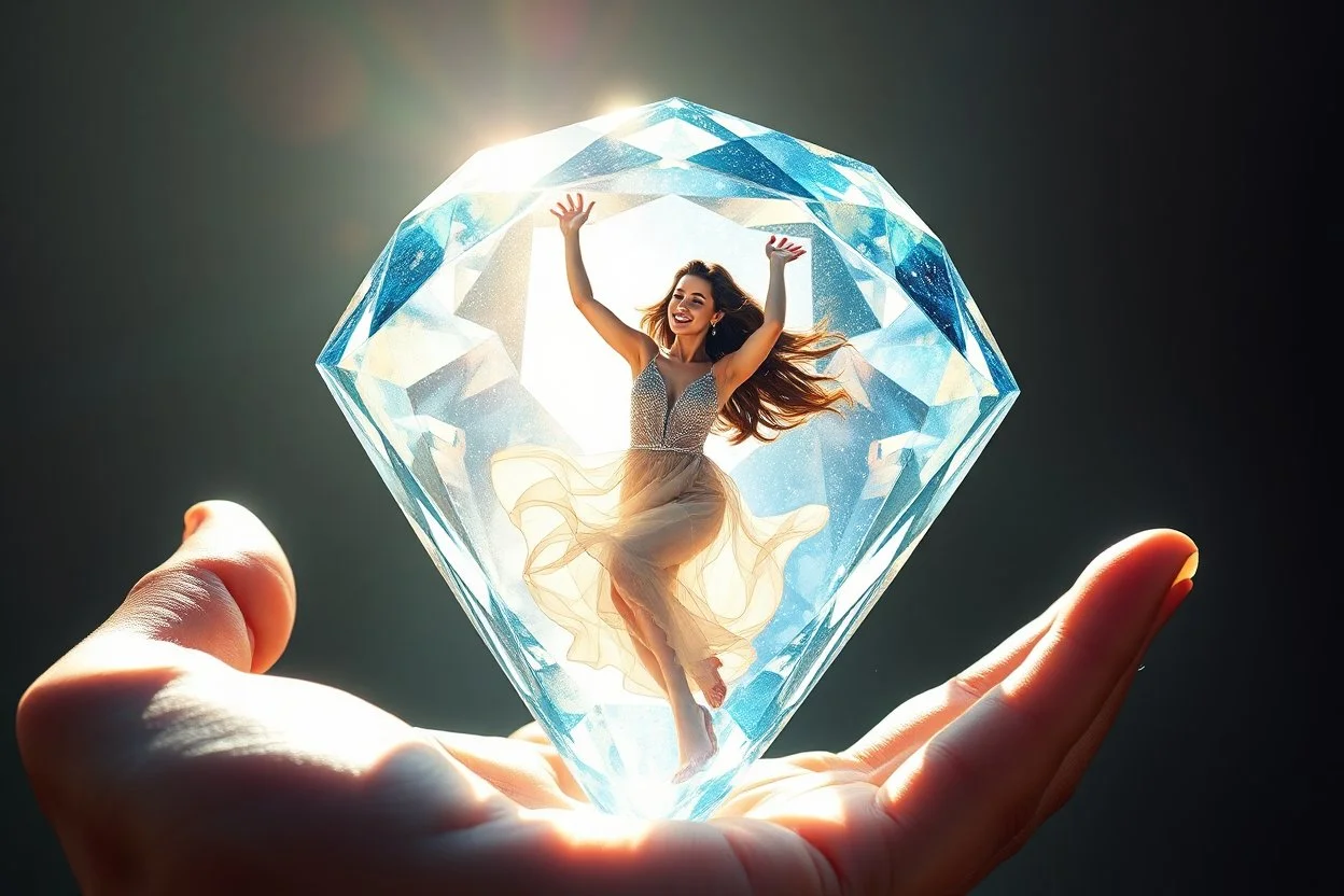 inside of a huge diamond a beautiful brunette woman dancing happily and dynamically, the diamond is in the opened palm of God, S<AI in sunshine, ethereal, cinematic postprocessing, shiny metallic pastel watercolor