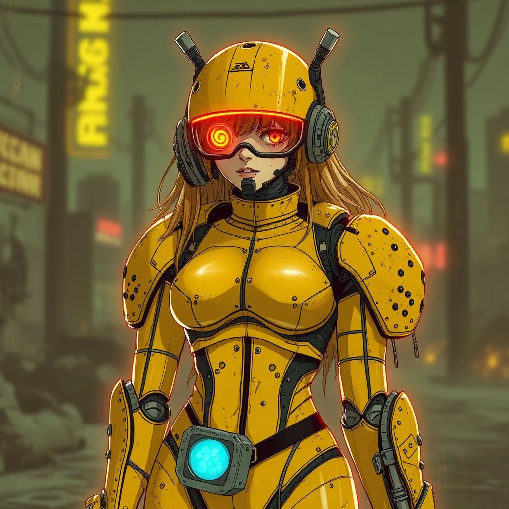 a feminine cyborg android, yellow, post apocalyptic, fallout, dystopia, neon vintage anime