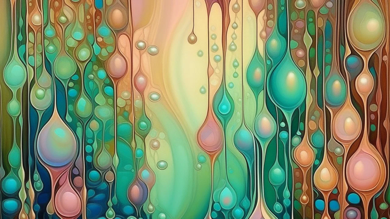 modernist style, Lustrous, chromatic droplets dancing through the air, casting a mesmerizing, iridescent glow over the tranquil, natural environment., art nouveau, soft colors