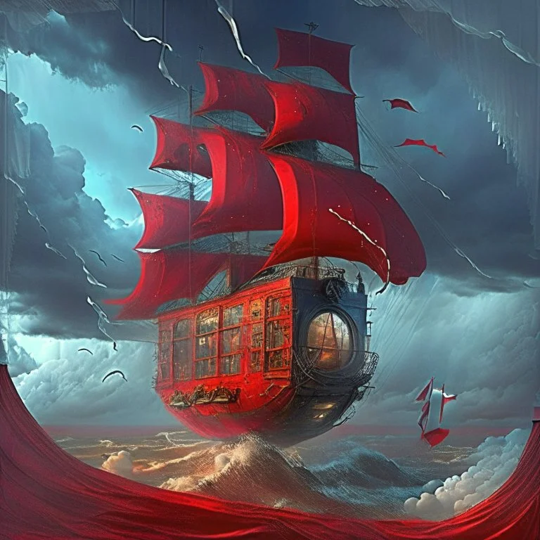 Add more windows to the ship. Keep the ship. change the sky to a decadent red, storm clouds.