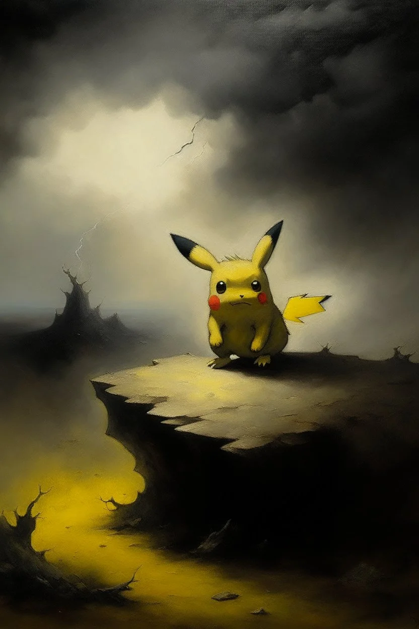 1970's dark fantasy cover dnd style oil painting of pikachu in a minimalist far perspective.