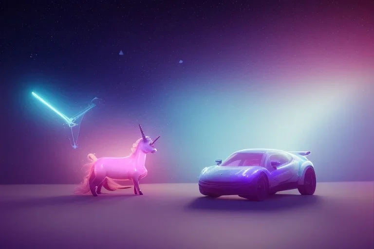 one glowing unicorn in a car in space,unicorn has carrot in mouth . nebula in the backround,