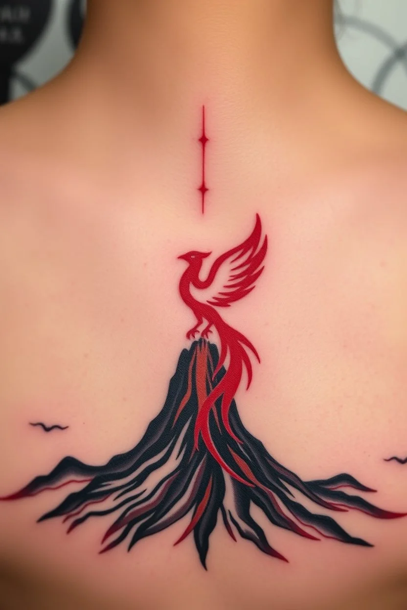 Tattoo of a Pheonix rising from volcano minimalist