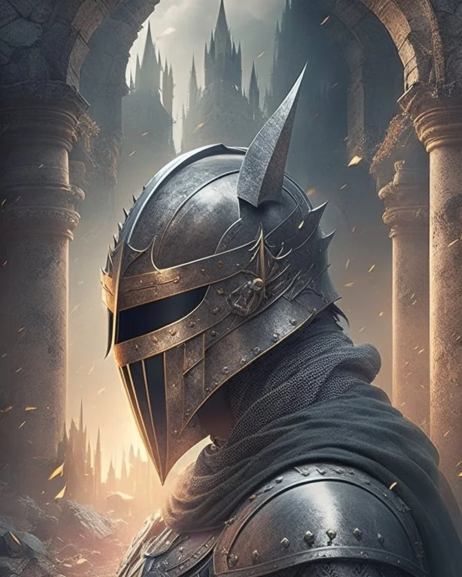 Dark souls Knight, aura, portrait, background Dark souls like ruins, comic style, helmet,