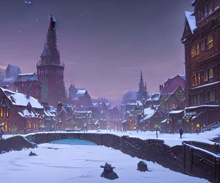 A snowy warlock town with river canals and a magical Christmas tree