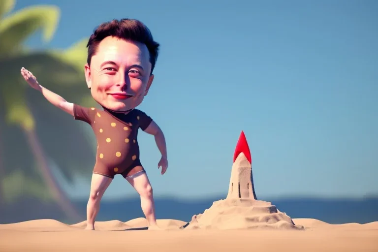 Elon musk as a 4 year old toddler building a Very tall rocket-shaped sandcastle on the beach. He is wearing a polkadot swimsuit. He looks like a newborn