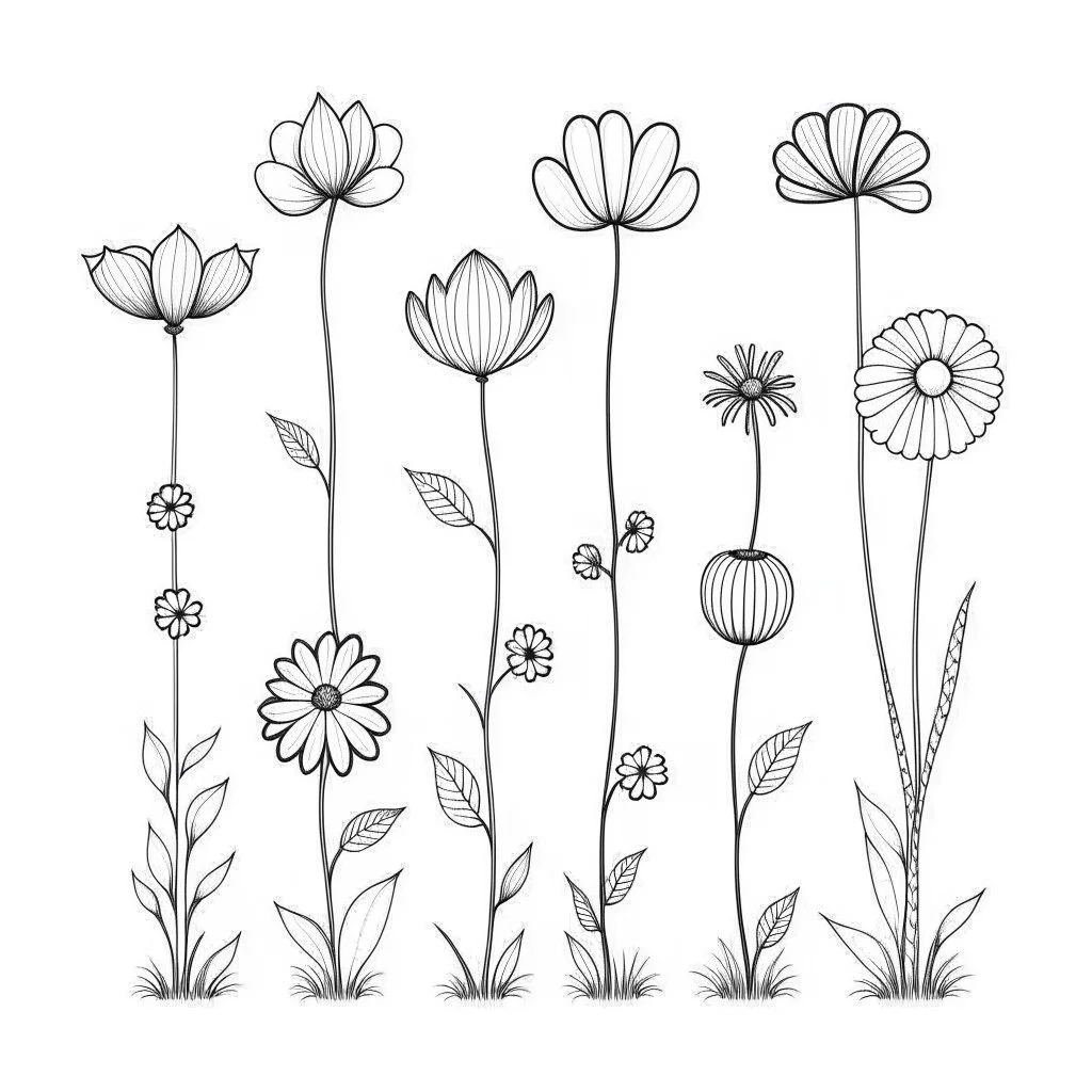 set of grow wind flower on the grace, SIMPLE ONE lineS art, white background, minimalis, different view, only white bakcground solid.