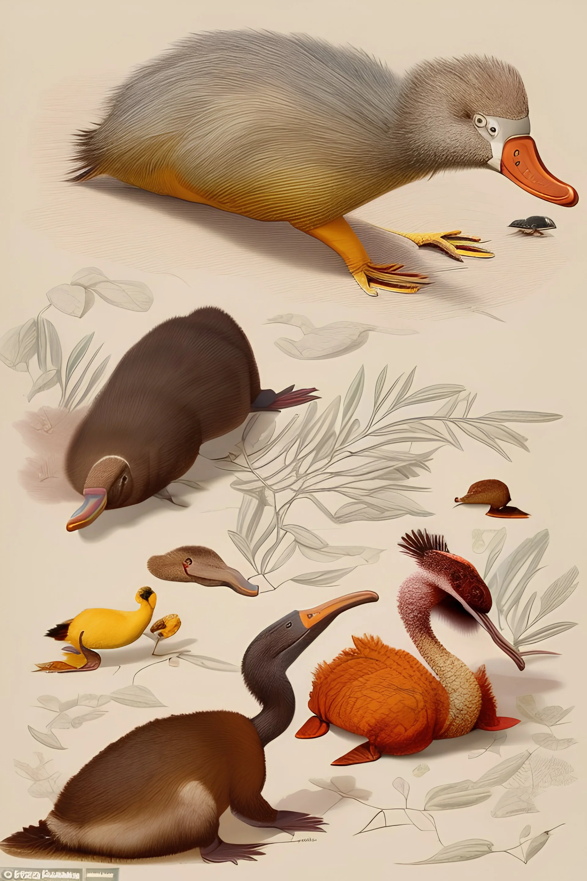 John James Audubon-like illustration of a fully uncropped Dodo bird and a Platypus in a landscape of warm yellows, warm reds, and warm blues