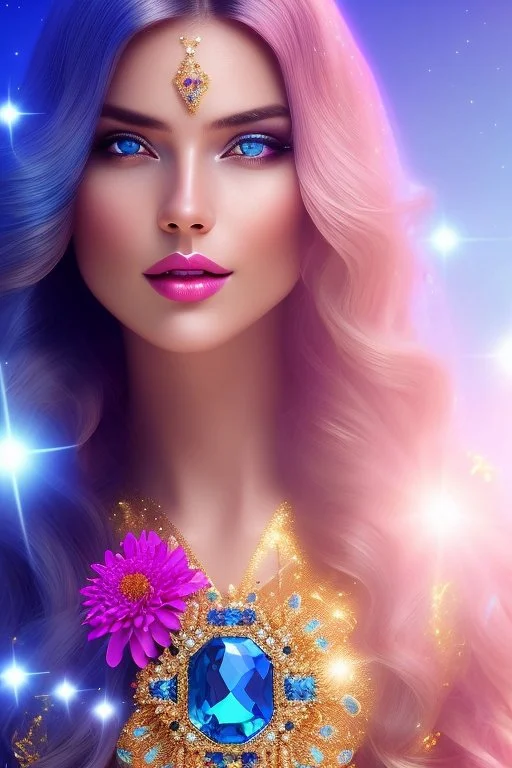 Beautyful smiling young woman, long hair amazing blue eyes, flowers, happy cosmic, bright colors, blue, pink, gold, jewels, realistic, photo real, clear sunny background, highly detailed, high contrast, 8k high definition, unreal engine 5, extremely sharp detail, light effect, sunny light backgroundgold, jewels, realistic, photo real, clear sunny background, highly detailed, high contrast, 8k h,crown