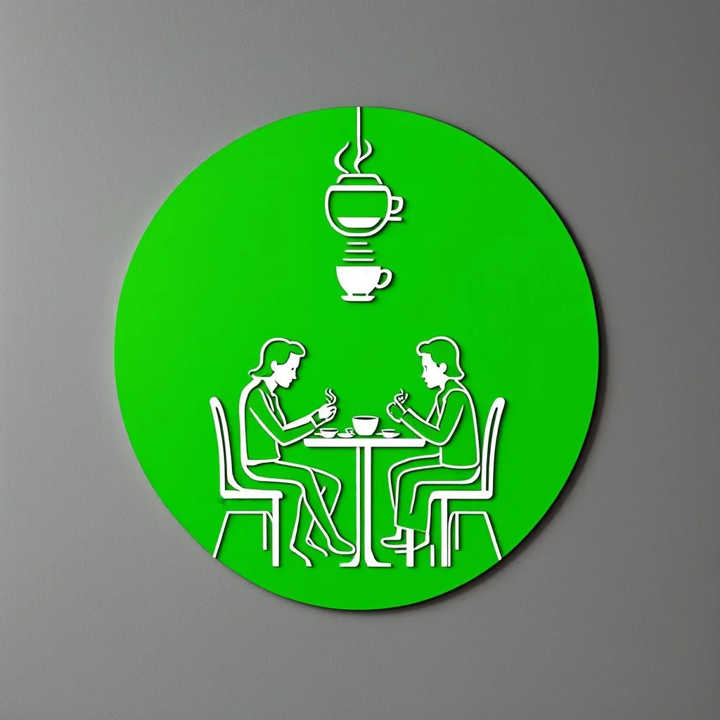 A circular logo for a cafe in a beautiful green color, with two people sitting around a two-person table in the center of the circle, drinking coffee, and the cafe light above the table is on, with each person's head resembling a coffee cup.