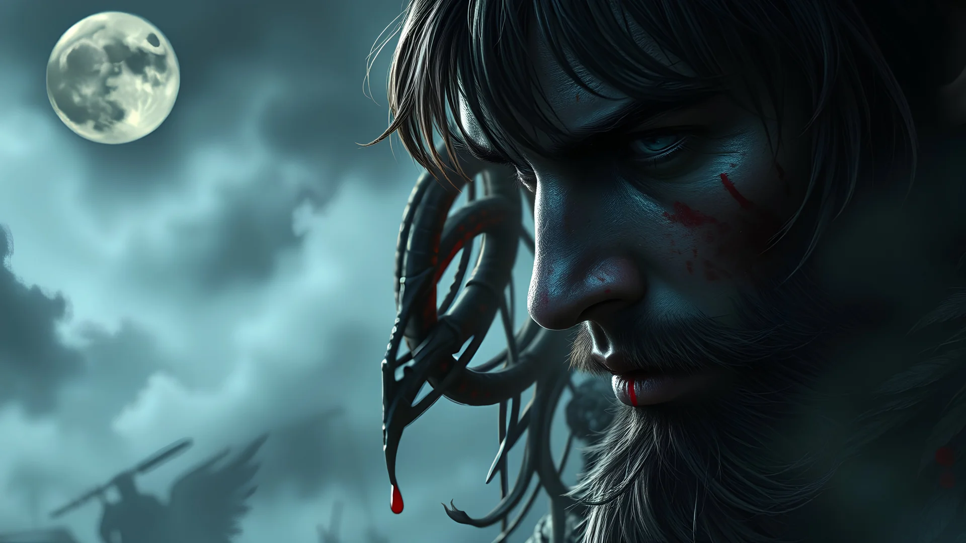 fantasy,¡Libera el anillo! Sibbos llama a la guerra Ecos de poder ¡Libera el anillo battlefield aftermath, Oscura luna surge, Sangre de los caídos Reino roto y vil fog, mist, rich detail, dark fantasy, zoomed, dark deep colors, rich colors, blood, dark, close up,portrait