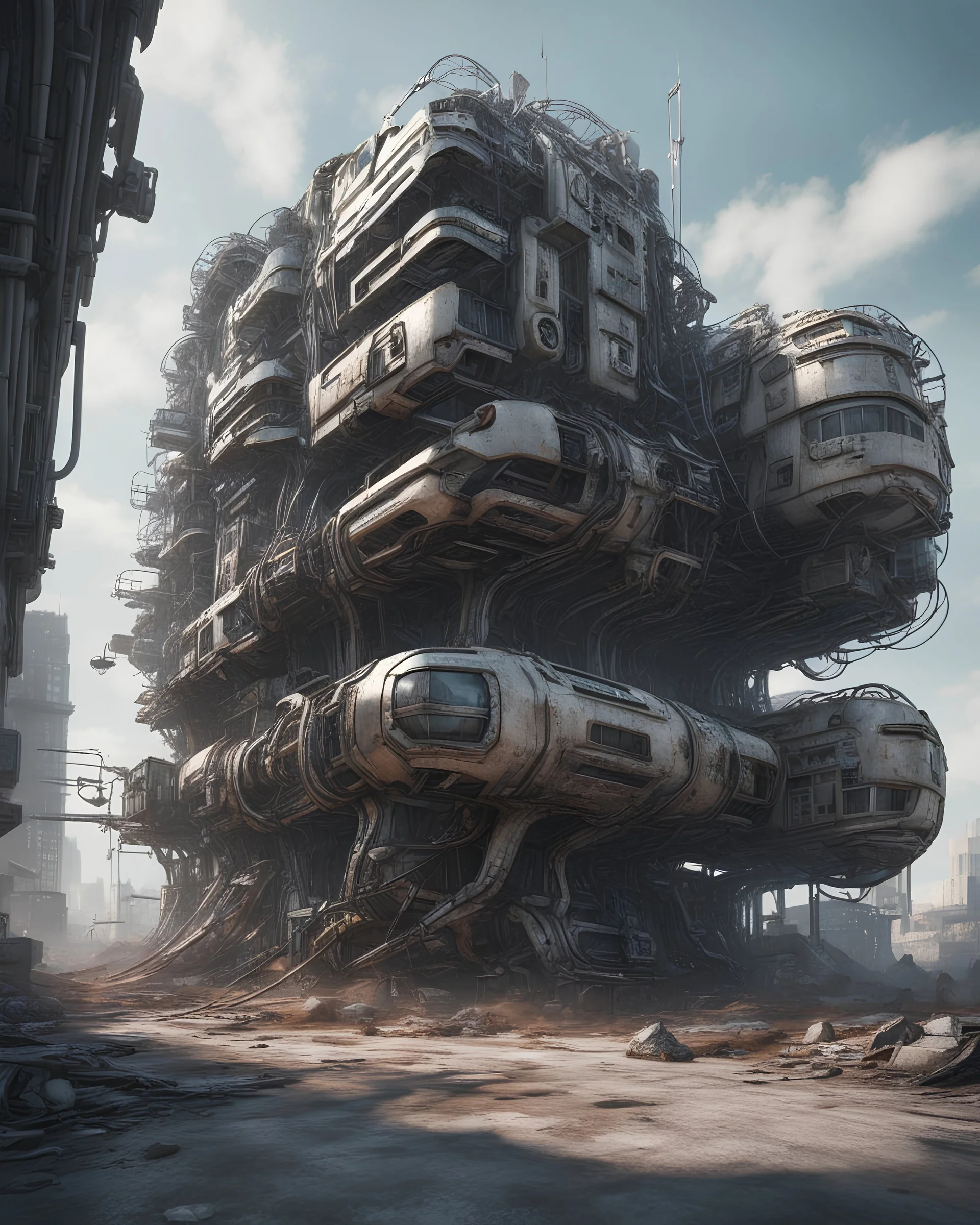 Futuristic building made with engine parts and wires dysoptia cyberage HAWKEN postapocalyptic dysoptia scene photorealistic uhd 8k VRAY highly detailed HDR