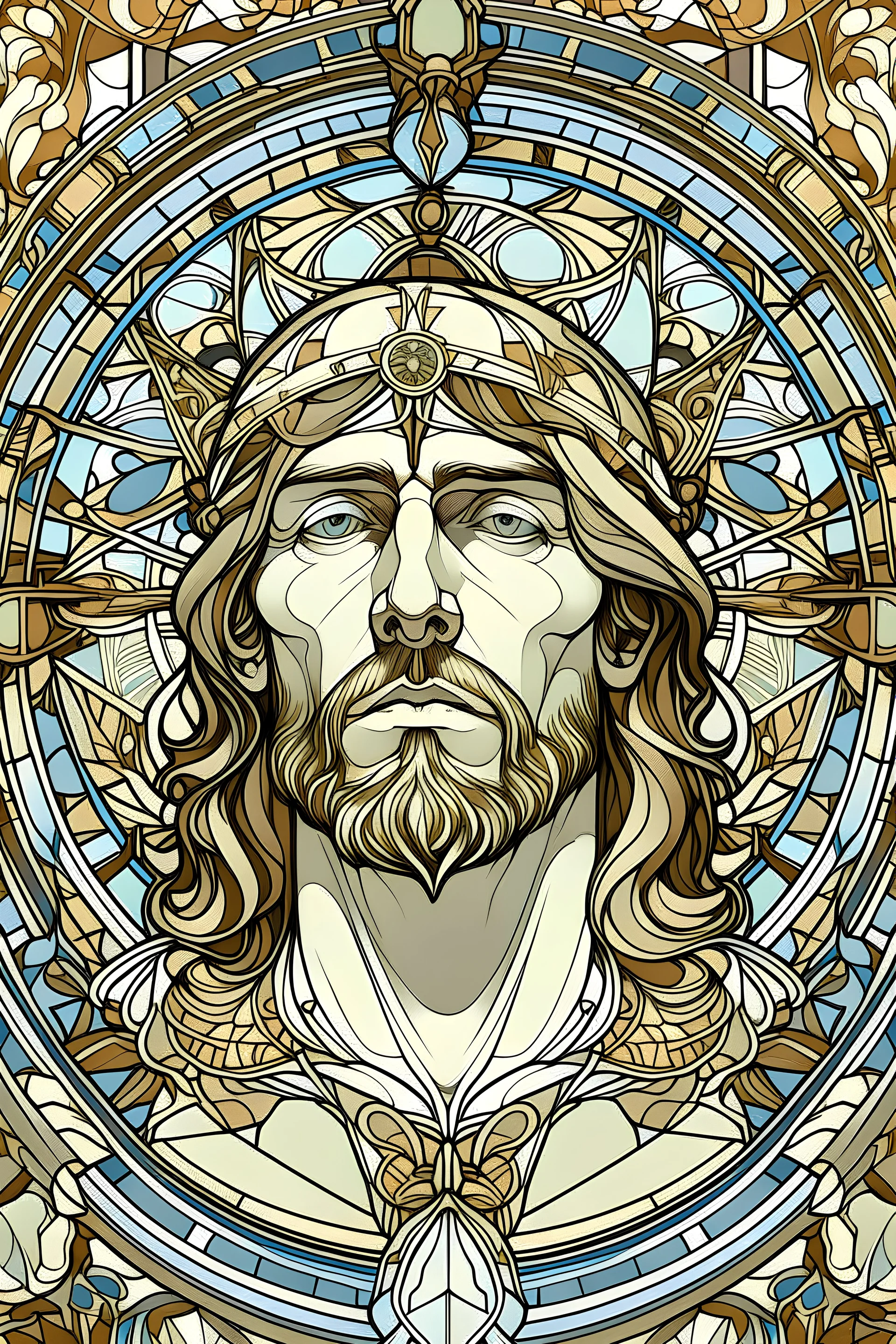 jesus portrait| centered | symmetrical | key visual | intricate | highly detailed | iconic | precise lineart | vibrant | comprehensive cinematic | alphonse mucha style illustration | very high resolution | sharp focus | poster | no watermarks, plain background