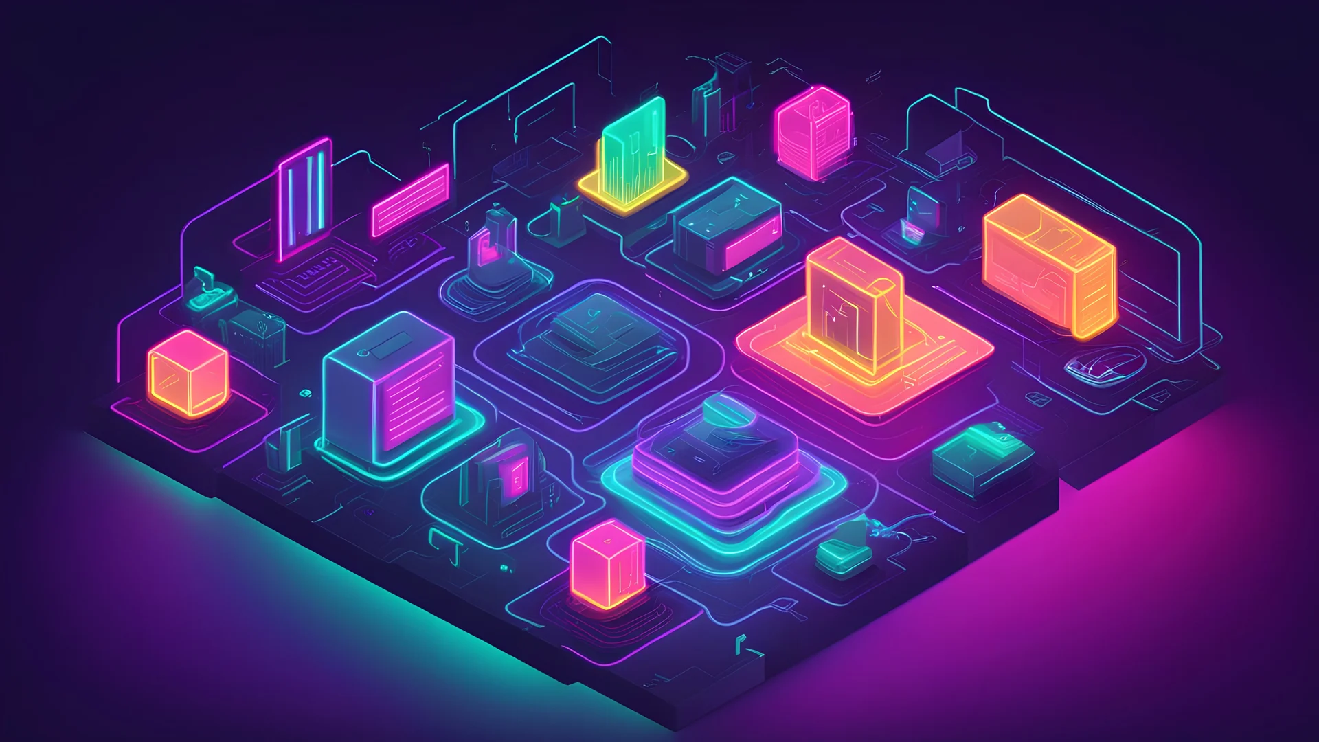 cyberthreats. isometric view. neon colours.