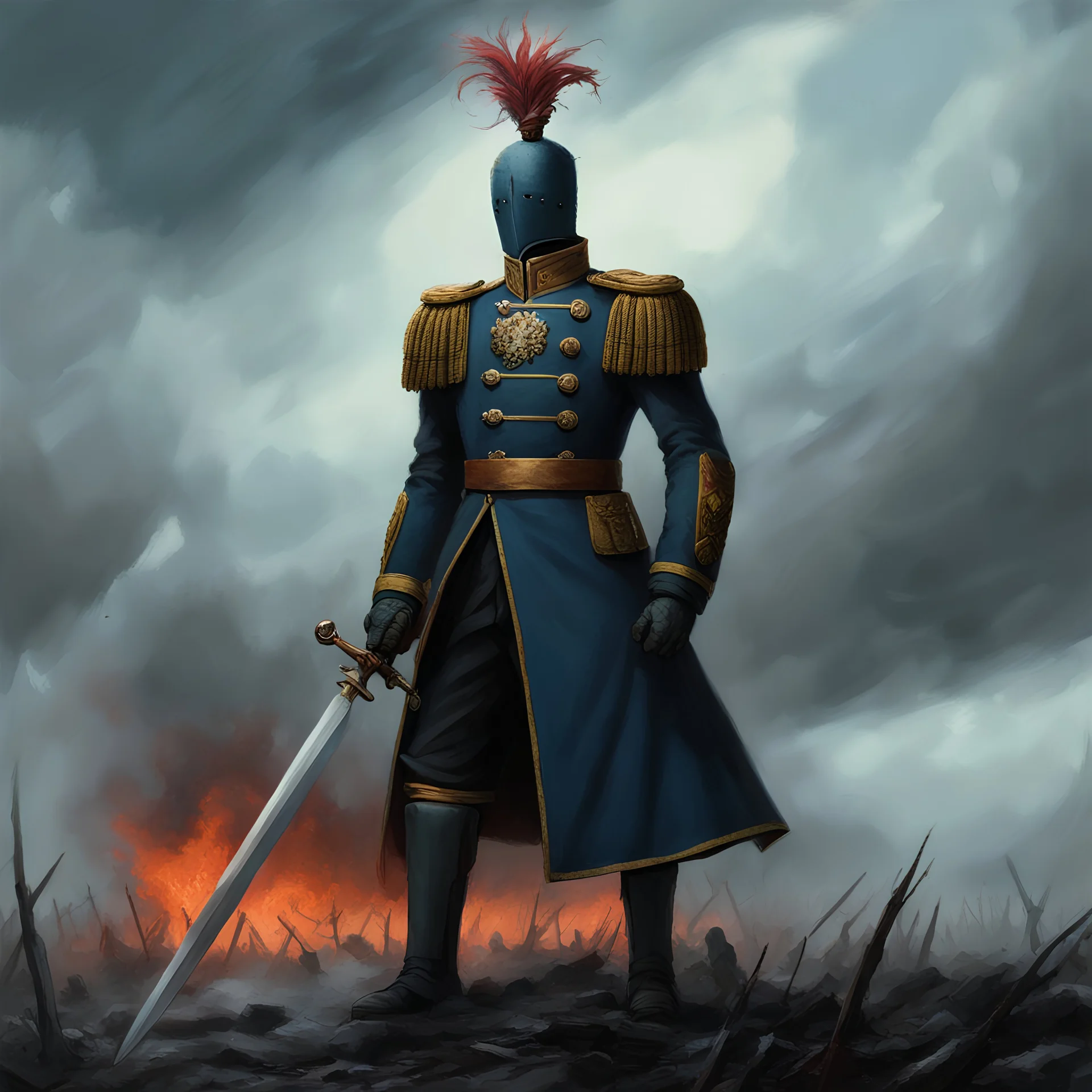 a heroic humanoid cactus wearing a blue prussian uniform, standing on a battlefield, wielding a officer sword during a storm, dark sky, burning sky, tattered flag on the ground