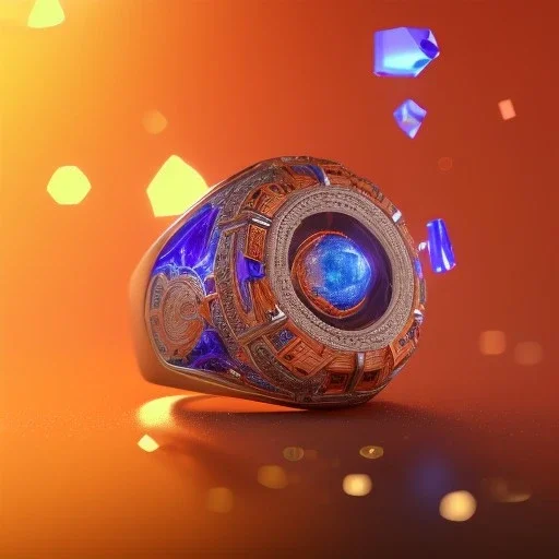 Ring made by wood roots and shreds of glass, orange diamonds sparkles, red rubi fragments around, blue lights reflexes, complex structure, gold details, intricate ring pattern, product studio shot, very detailed, dramatic light, 3/4 shot, octane render, 8k, 60° shot, humming bird, Unreal Engine 5, lens macro,sharp focus, realistic, hyper detailed, studio lighting, neon light ambient,