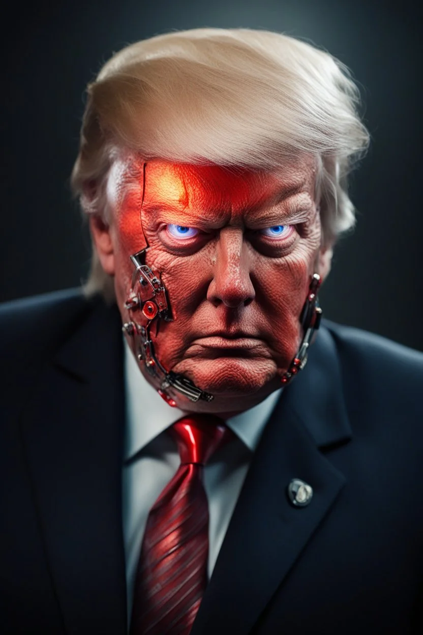 Portrait of Donald trump, realistic cyborg face, metal showing under skin, red eyes