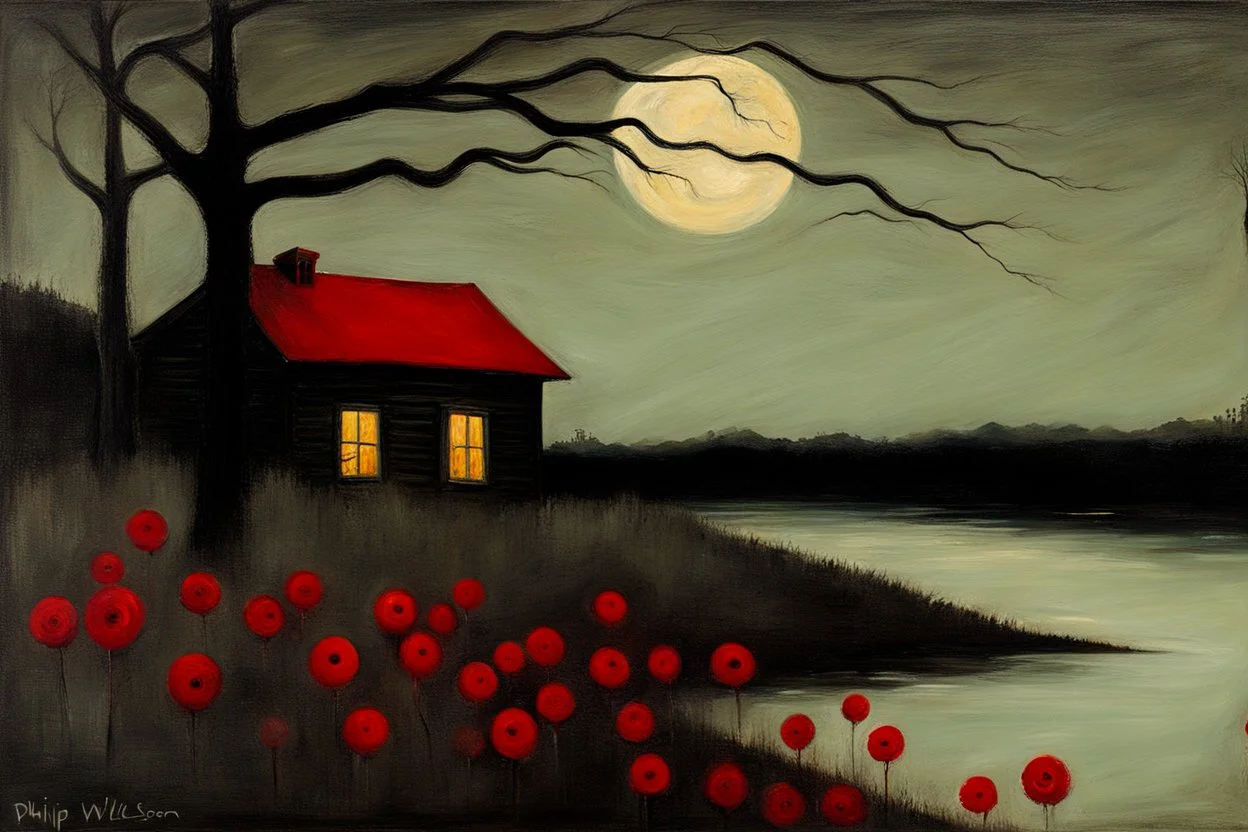 Creepy trees, creepy night, moon, cabin, red flowers, philip wilson steer impresionism painting