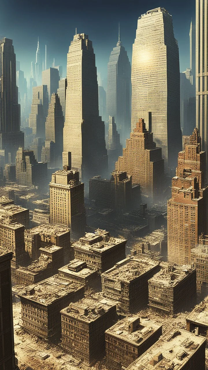 view of a futuristic the New York City in a post atomic catastrophic way, with lots of buildings in ruins,