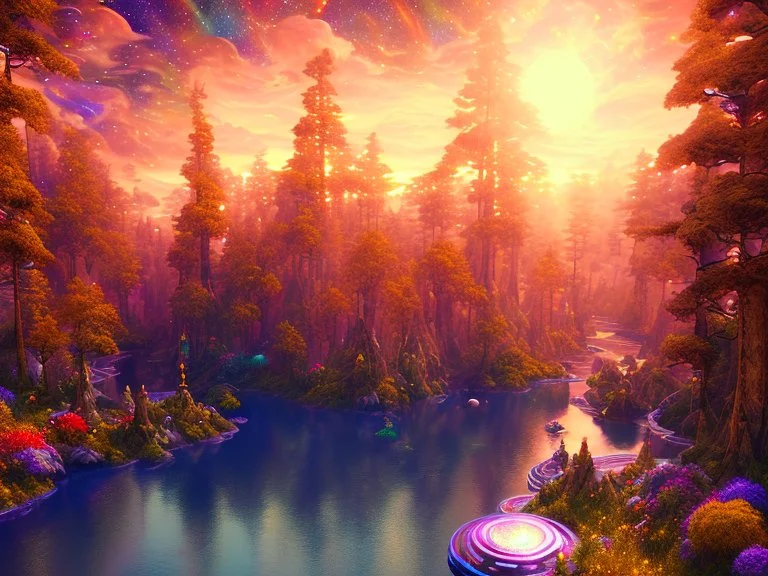 gold and red crystal cosmic and galactic ambiance hill sky waterfall sunset trees pools river surreal, full of details, smooth, bright sunshine，soft light atmosphere, light effect，vaporwave colorful, concept art, smooth, extremely sharp detail, finely tuned detail, ultra high definition, 8 k, unreal engine 5, ultra sharp focus