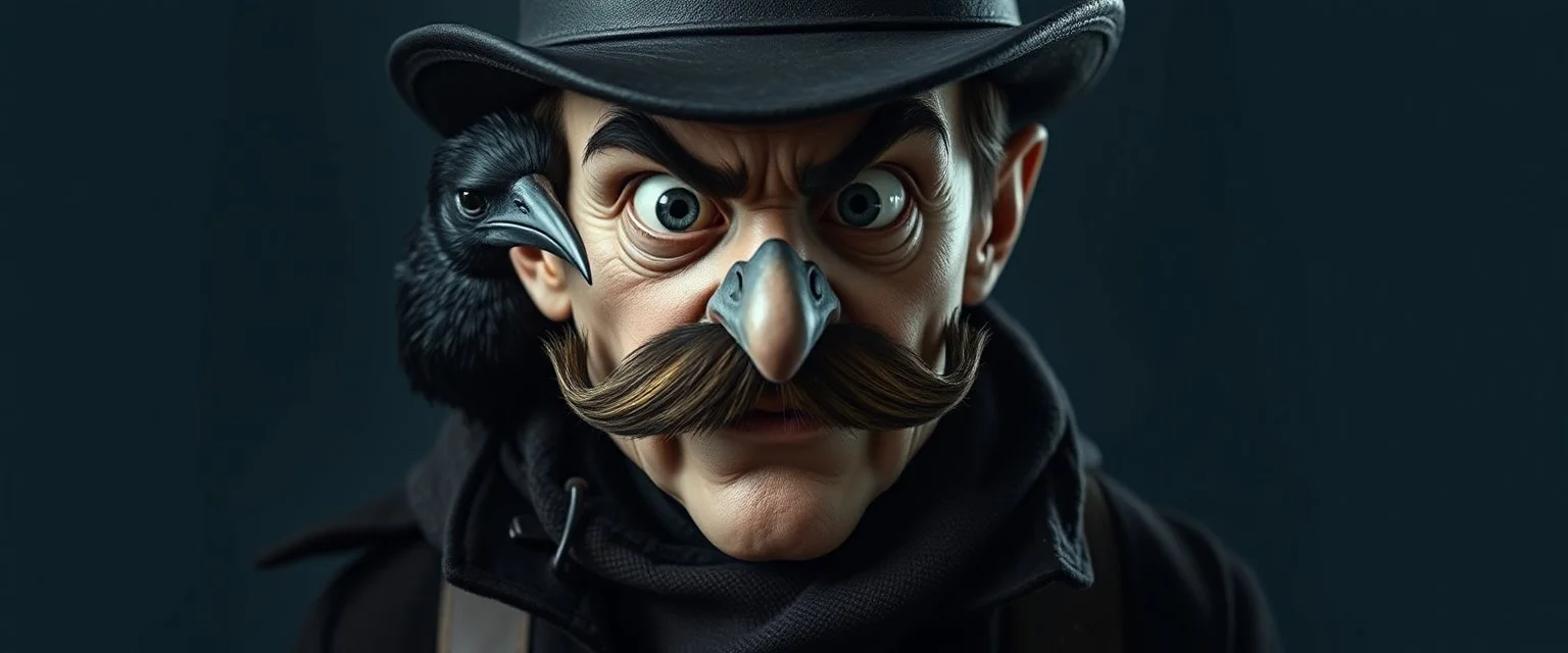 crow baby mustache thief man