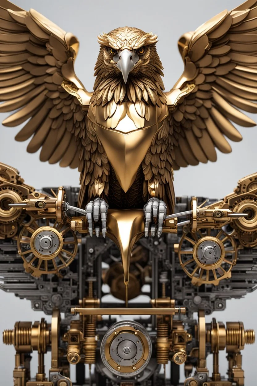 Facing front mechines eagle straddle wings detailed, intricate, mechanical, gears cogs cables wires circuits, gold silver chrome copper