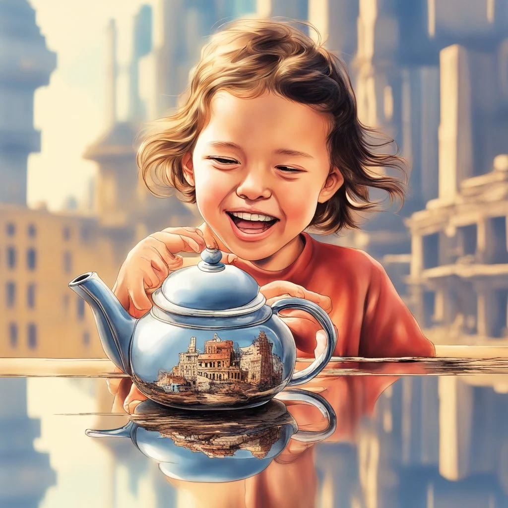 A teapot is shining and a laughing child is looking at it. The child’s image is reflected inside the teapot and behind the child is the reflection of a destroyed city.