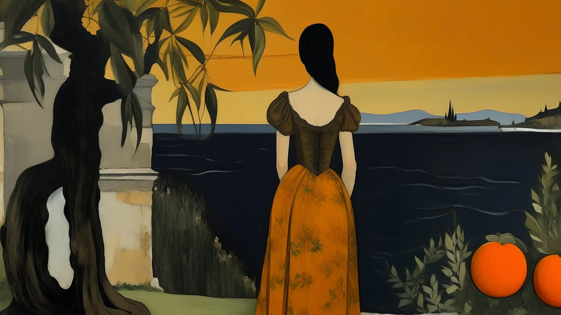 Pintura figurativa. Estilo: surrealismo mediterráneo, a la manera de Gwen John. Una mujer adulta de cabello negro con raya en medio, con ropa interior de época y medias, actitud íntima no explícita, de pie de espaldas caminando hacia el mar, con un gesto de duda. Escena: un huerto de naranjos, ambientada en la Venecia de los años veinte, con un limón cortado. Iluminación: luz estival saturada. Paleta cromática: blancos cálidos y sombras violáceas. Encuadre: disposición en espiral. Técnica: pince