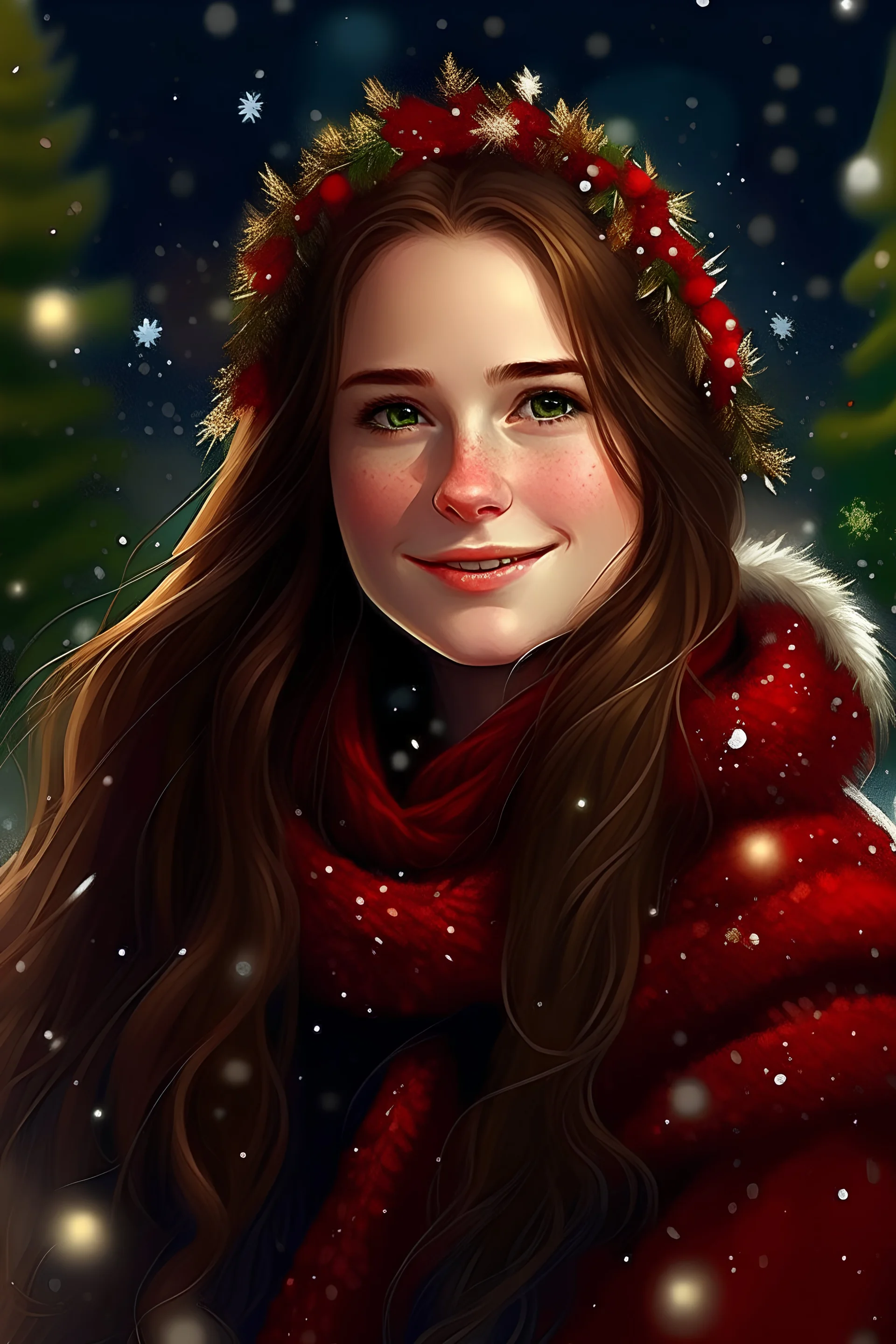 digital drawing girl with brown long hair, wearing a red scarf, glistening, no signature, Christmas, surrounded by holly berries, glitter, medium size snowflakes, beautifully rendered, festive, hyper realistic, crystal, shiny, bright, cinematic setting, christmas art masterpiece, holly berries, pine needles, pinecones, extremely cute, watercolor painting Insane