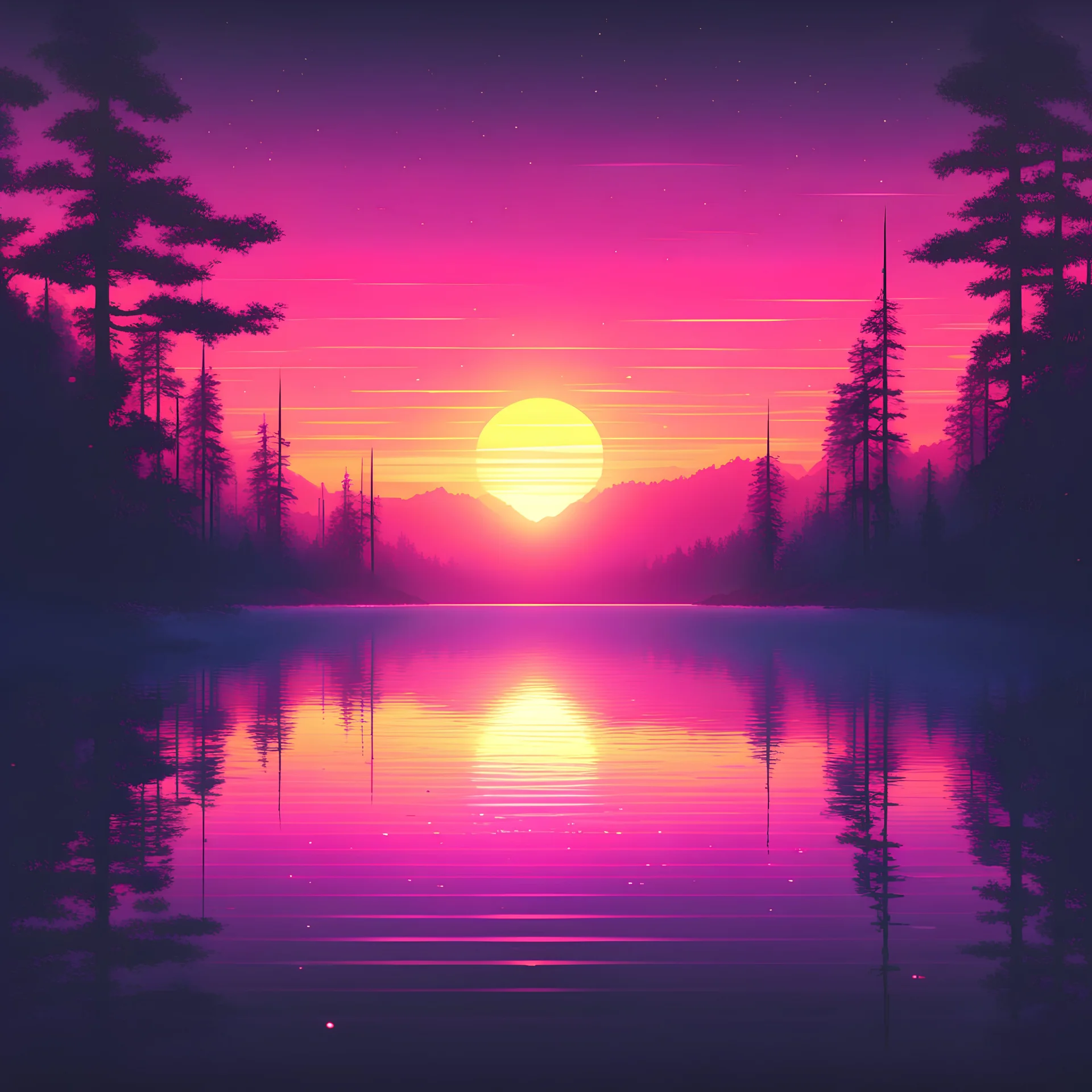 a silent lake in a wood , synthwave picture style with light pixel, the sunset on the horizon, with a pixelated sun