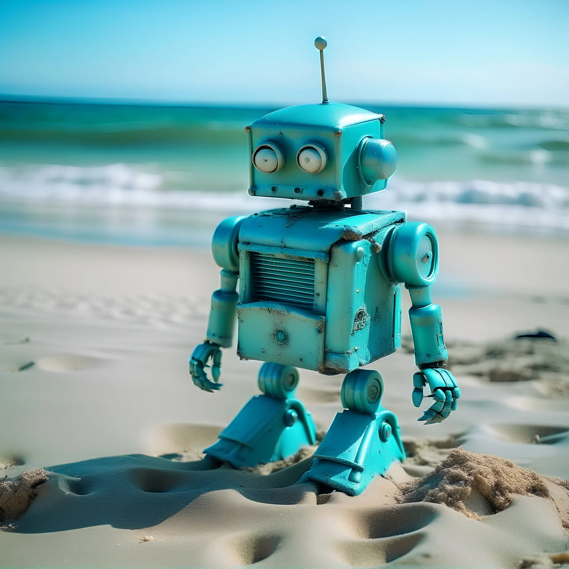 an old robot, turquoise, on the beach