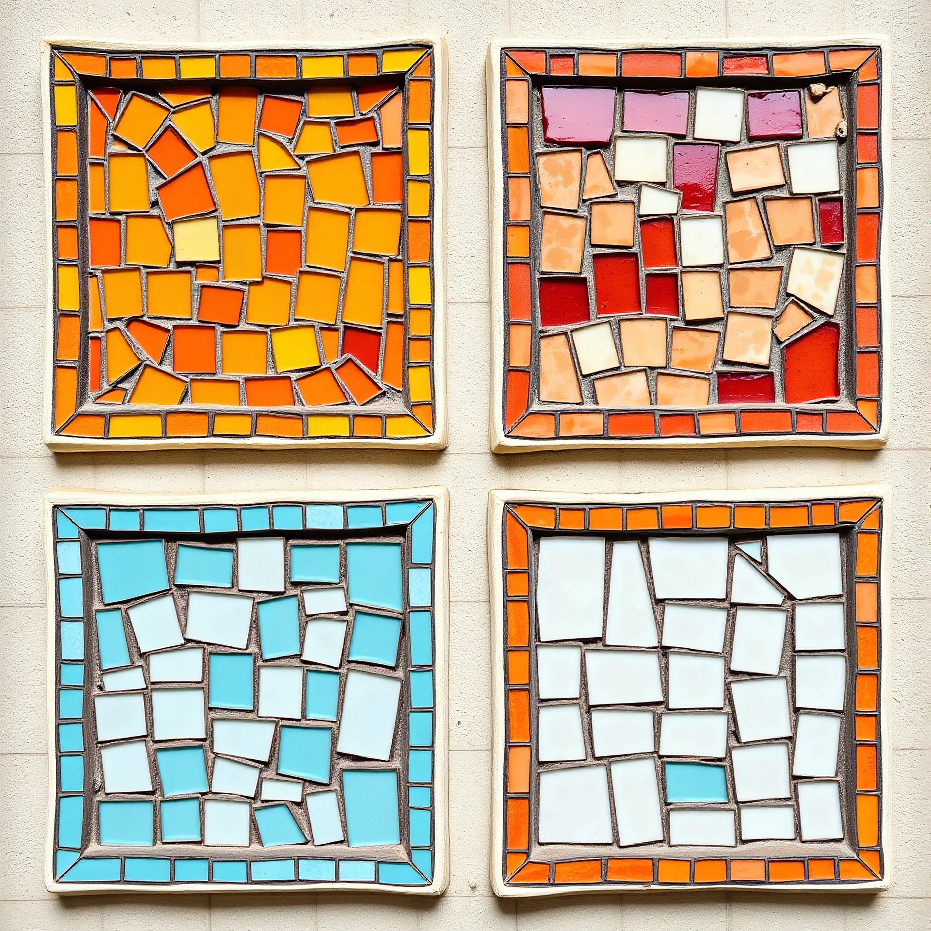 Set of four mosaics with Inca border relief in orange, yellow and red, turquoise and white accented by dark outlines.