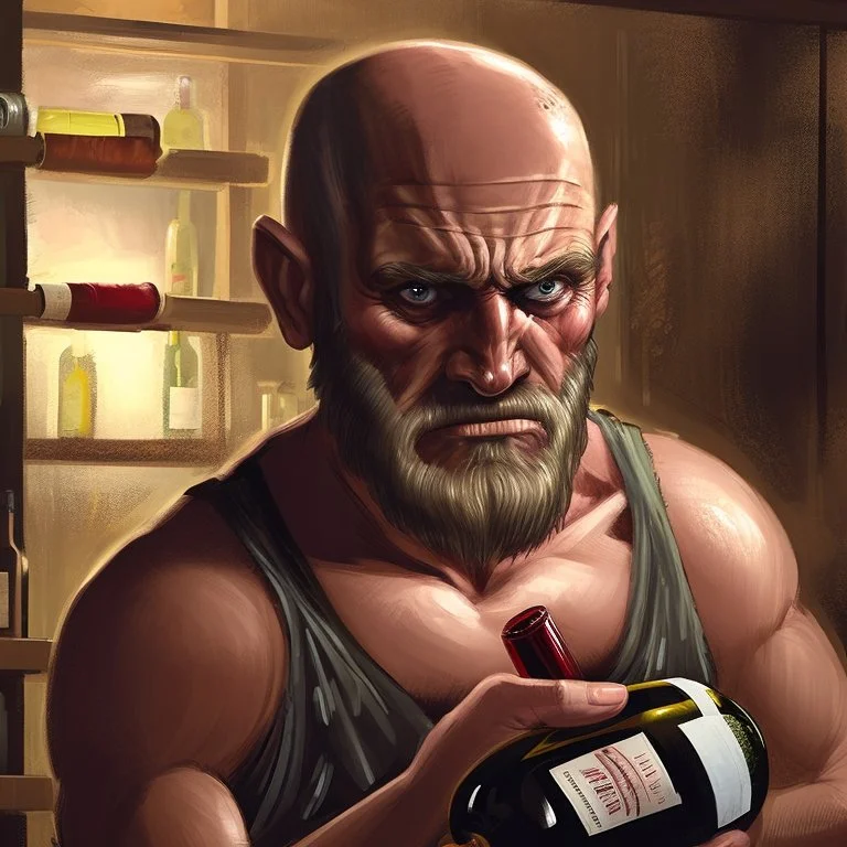 burly ugly 58 year old man bald with short beard and tank top manly chest chooses a bottle of wine in a cellar full of wine bottles dramatic light angry eyes highly detailed