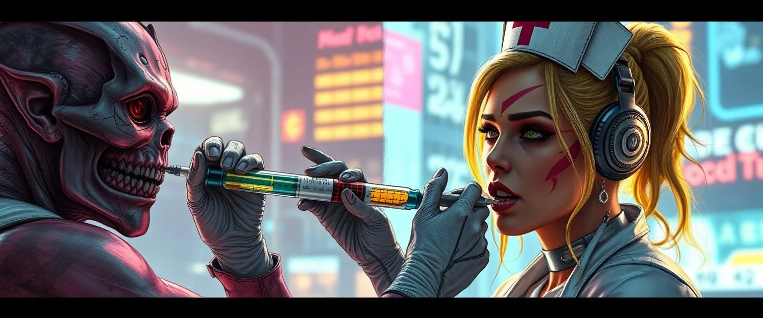 cyberpunk mega city fallout 4, airbrush and pen outline, A cinematic, high-end advertisement image for a fictional service called “Spice Girl Nurse Glam Fashion Party™”. Split-screen composition with two contrasting emotional states. Mutants getting injected.