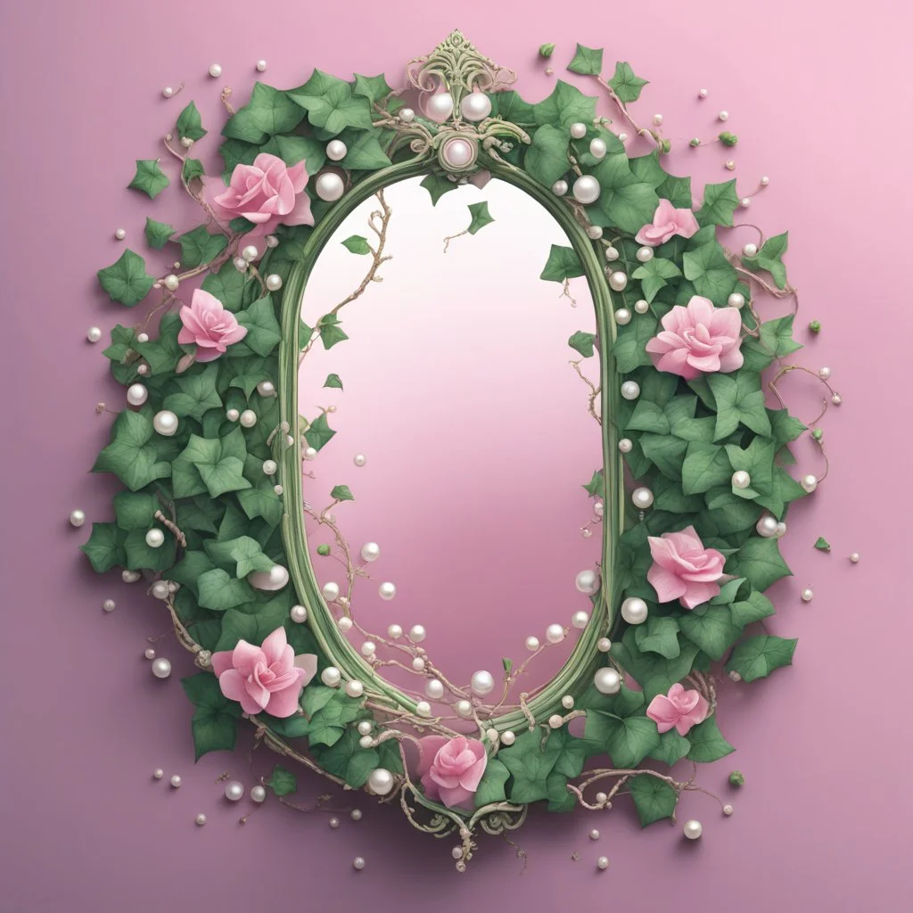 Create an Artwork of a Mirror with ivy branches and pearls necklace, Like a creative Logo for a Varasity Jacket to put a random number uin it, illustration. Colors should be pink and green