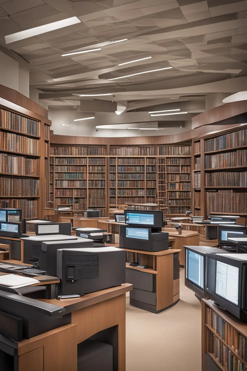 Library, state-of-the-art computers, book search via computers