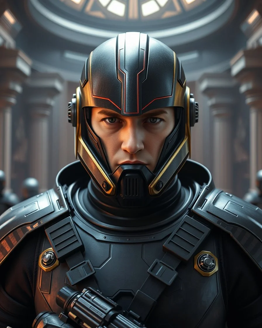 star wars bald male corellian pilot wearing pearlescent black and gunmetal grey First Order special forces heavy assault armor and helmet with gold and metallic red trim and visor inside the jedi temple, centered portrait, hyperdetailed, dynamic lighting, hyperdetailed background, 8k resolution, volumetric lighting, light skin, fully symmetric details