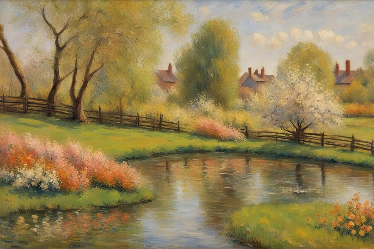 amazing sunny spring day, trees, flowers, fence, little pond, camille pissarro impressionism painting